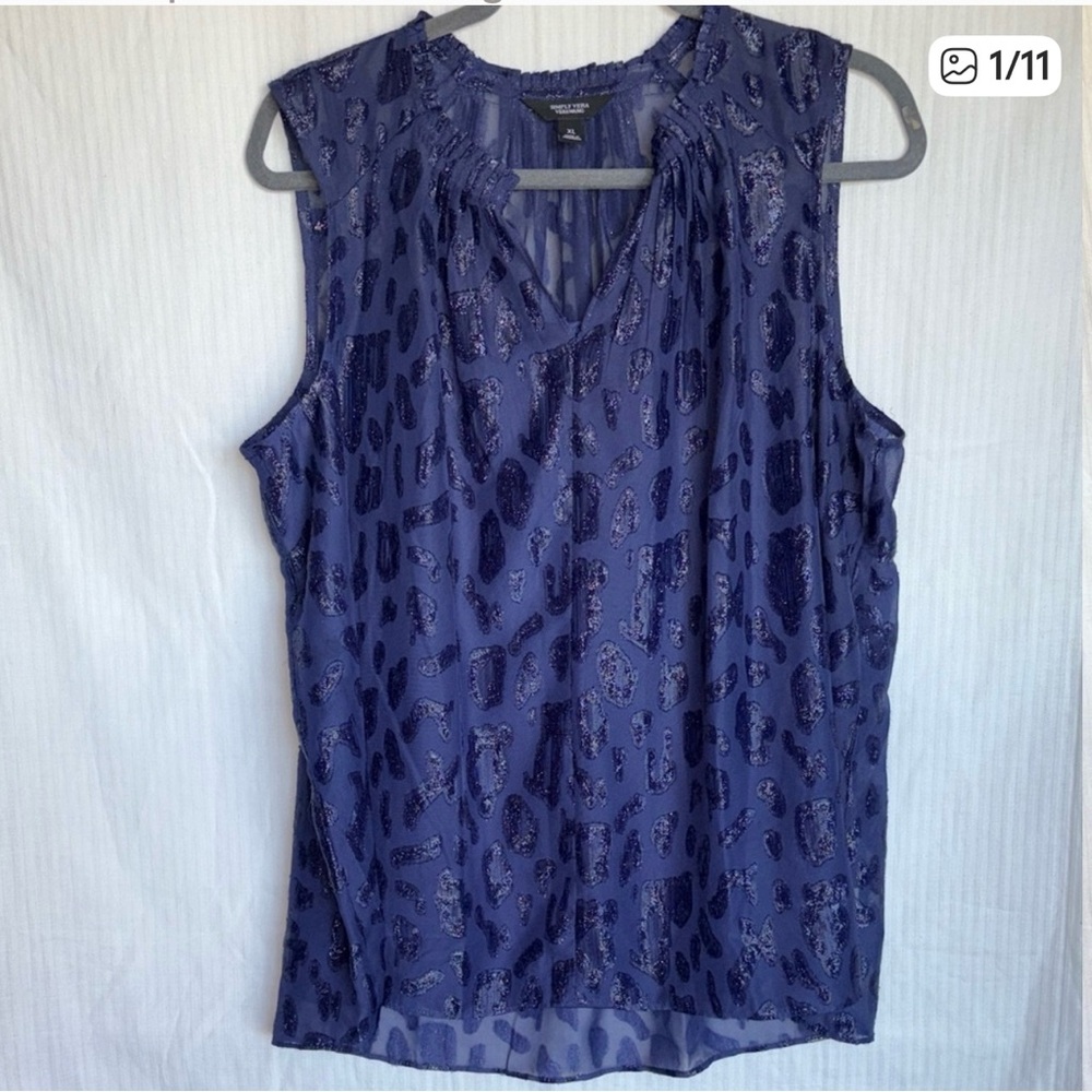 Simply Vera Vera Wang XL Sleeveless Blouse Navy Blue Sheer Metallic Animal Print